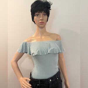 Express Off-Shoulder Ruffle ribbed Top in sage